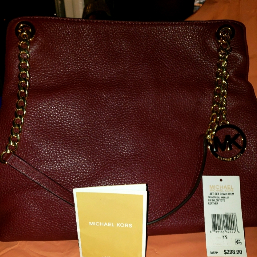 Michael Kors Red Leather Shoulder Bag with Chain Detail